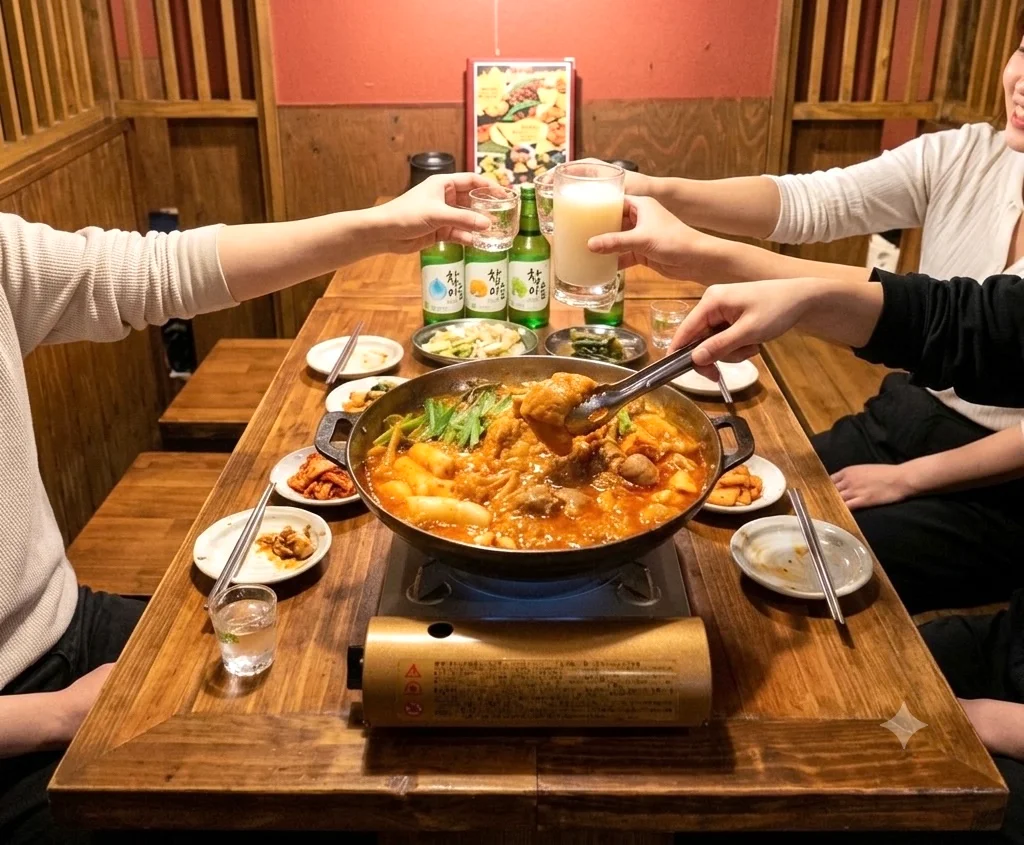 韓喰の店舗外観と韓国料理のサムギョプサル・もつ鍋を組み合わせた紹介画像